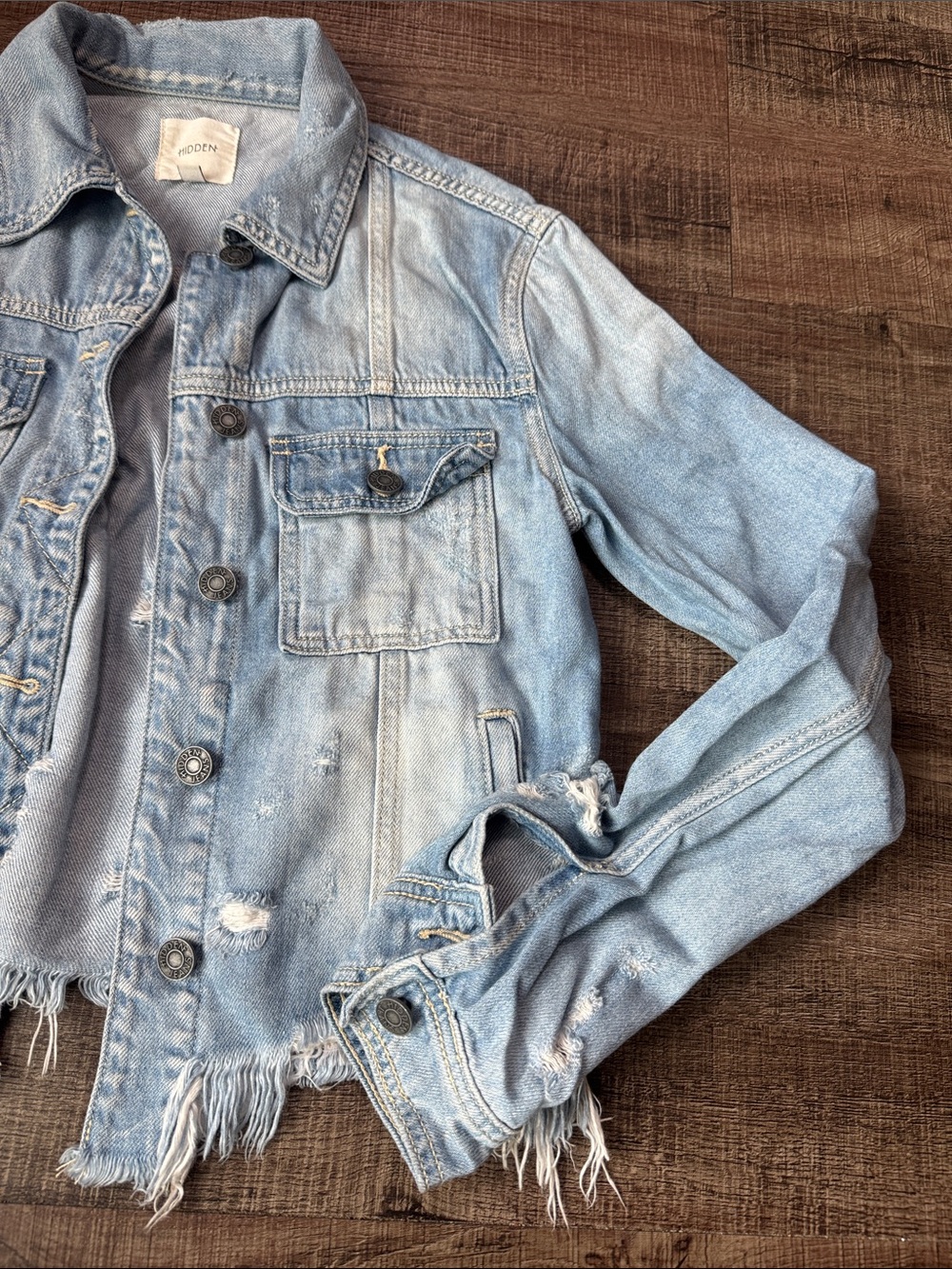 Light Wash Distressed Denim Jacket - Women's - Picture 3 of 10